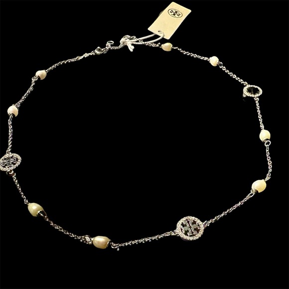 NEW Authentic Tory Burch Pearl & Silver Double T Logo Pave Necklace with Tag - Picture 5 of 7